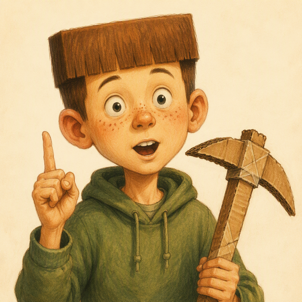 A cartoon boy with a square fringe and a cardboard pickaxe, about to ask a question