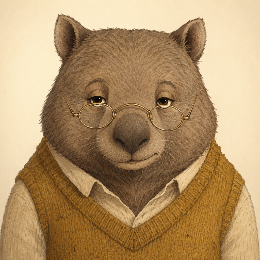 Doug, a wombat in round glasses and an ochre knitted vest