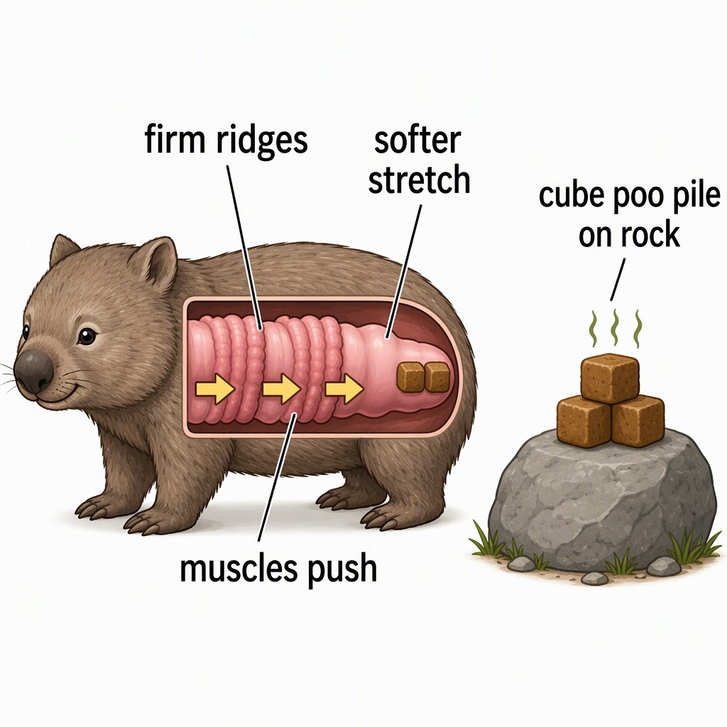 Cut-away diagram of a wombat's intestine squeezing poo into cubes, and a pile of cube poos on a rock