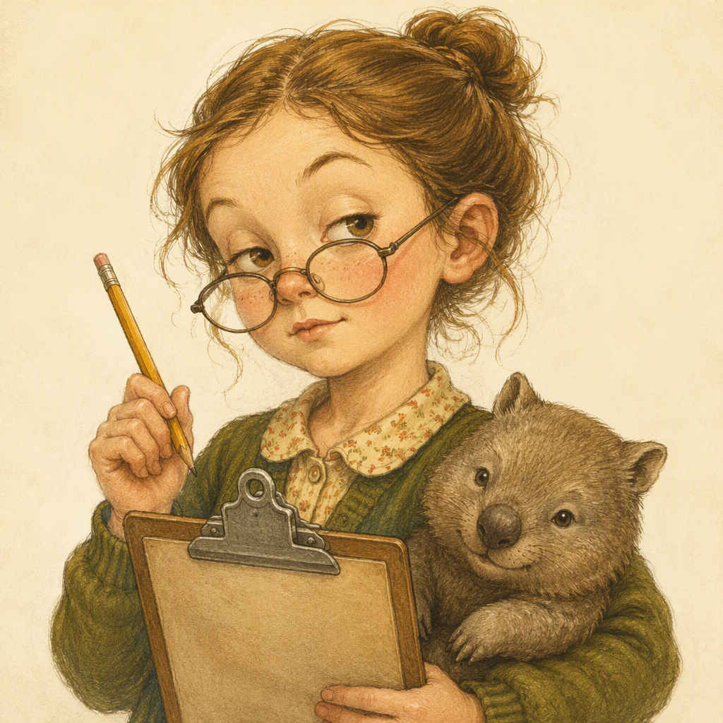 A cartoon girl in round glasses with a clipboard and a toy wombat, looking unimpressed