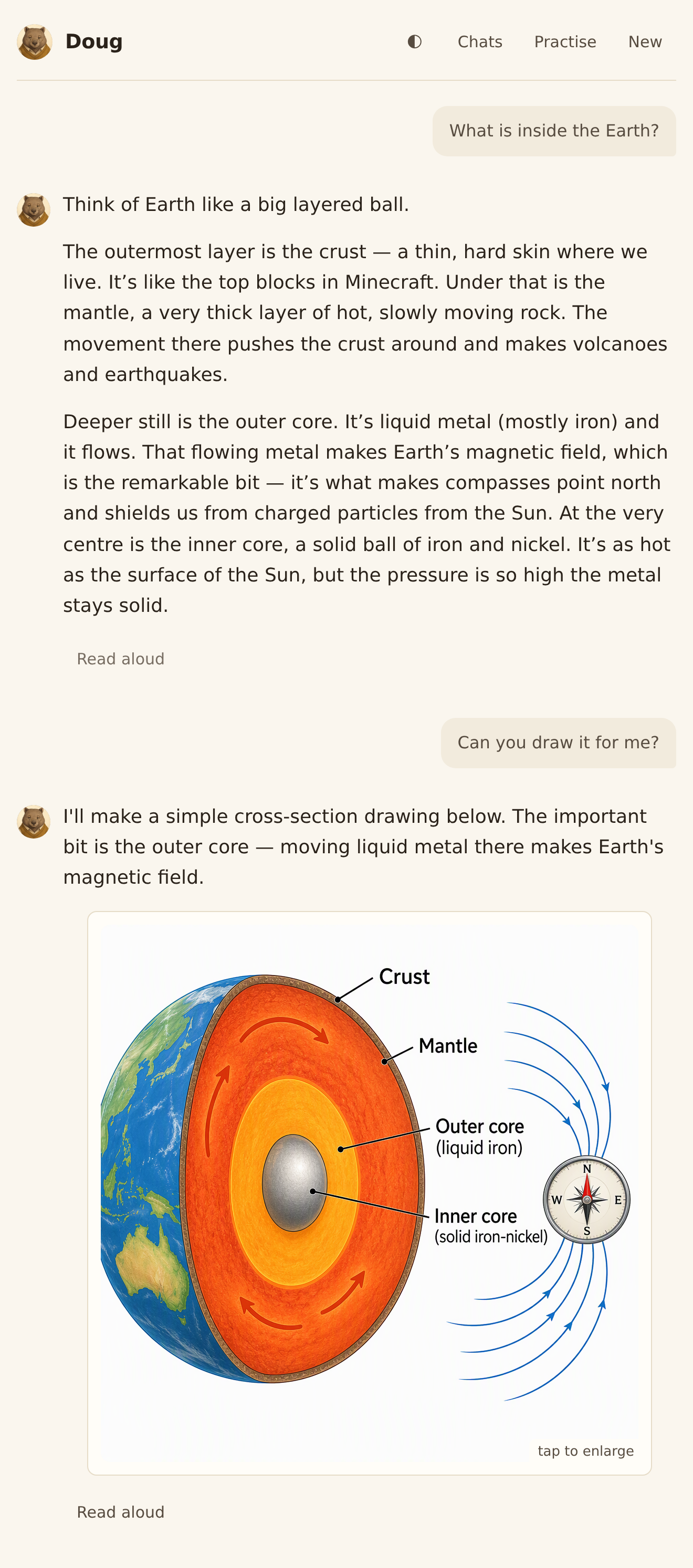 Doug explains the Earth's layers, then a drawing of them