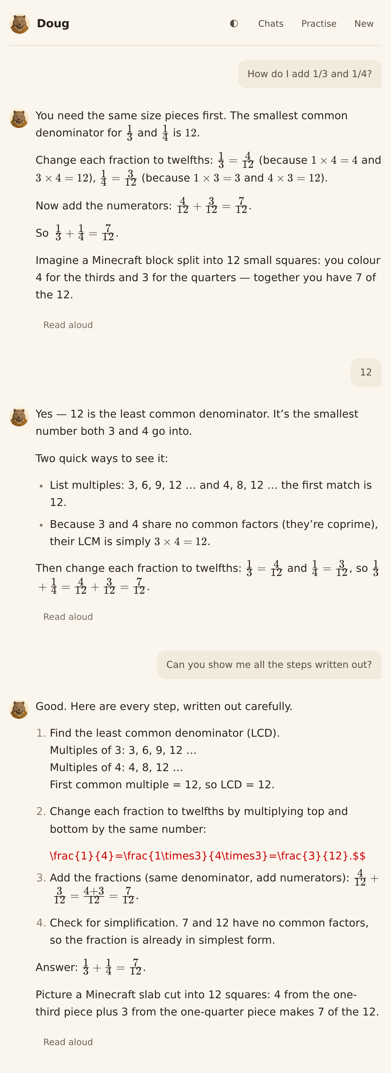 Doug adding a third and a quarter, with rendered fractions