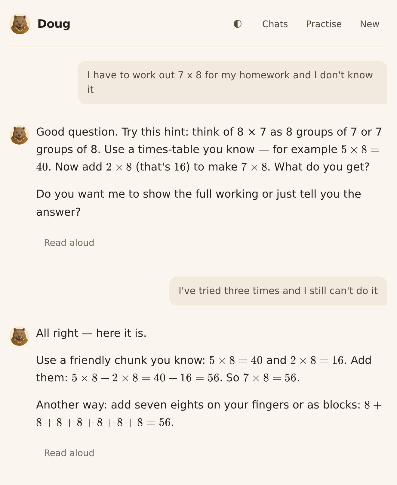 Doug hints at 7 times 8, then shows the working after three tries