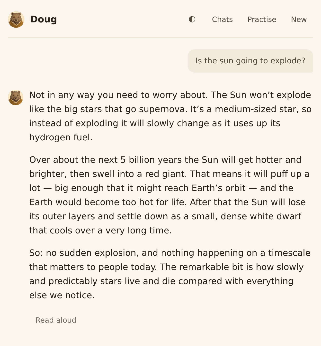 Doug reassures a Year 4 child that the Sun won't explode, then explains red giants and white dwarfs